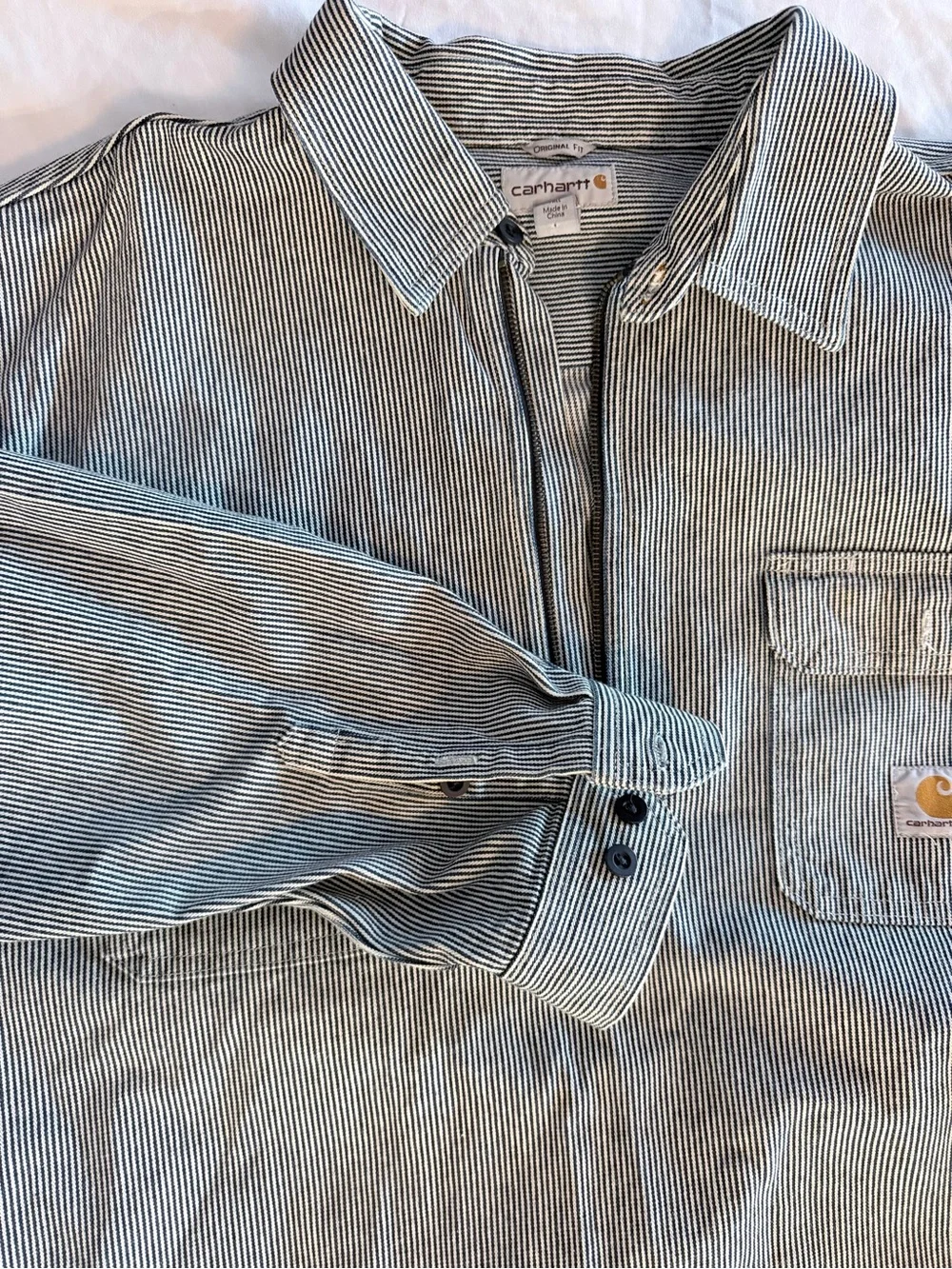 Carhartt Blue & White Striped Zip-Front Work Shirt